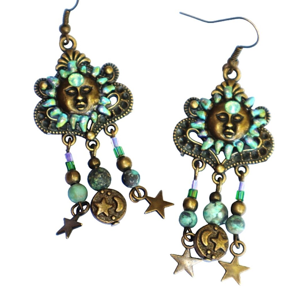 NEW Handmade Turquoise Sun and Stars Earrings Hand Painted Accents Boho Jewelry